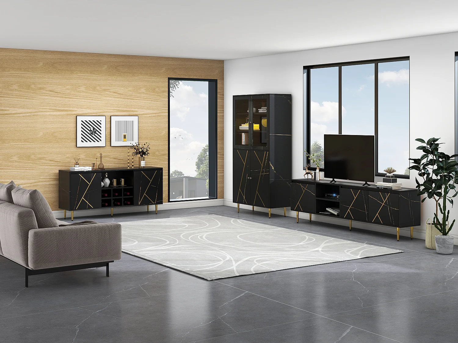 TV-Schrank 200 x 35 x 60 cm mit 3 Türen für 90-Zoll-Fernseher – Spanplatte – Schwarz und Gold