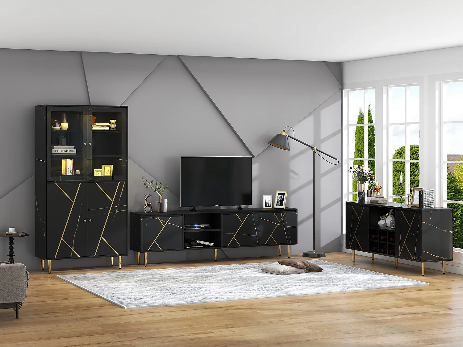 TV-Schrank 200 x 35 x 60 cm mit 3 Türen für 90-Zoll-Fernseher – Spanplatte – Schwarz und Gold
