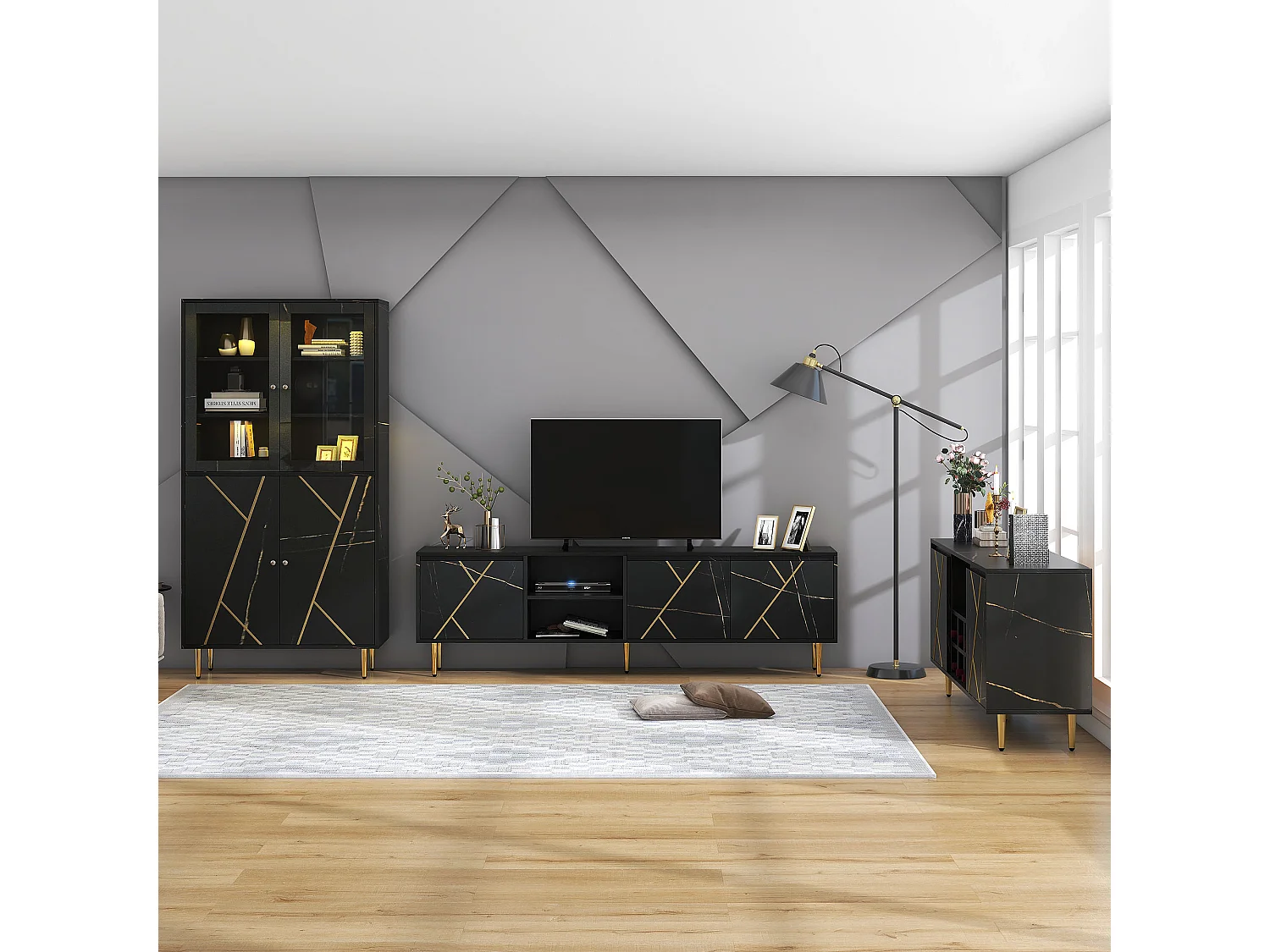 TV-Schrank 200 x 35 x 60 cm mit 3 Türen für 90-Zoll-Fernseher – Spanplatte – Schwarz und Gold
