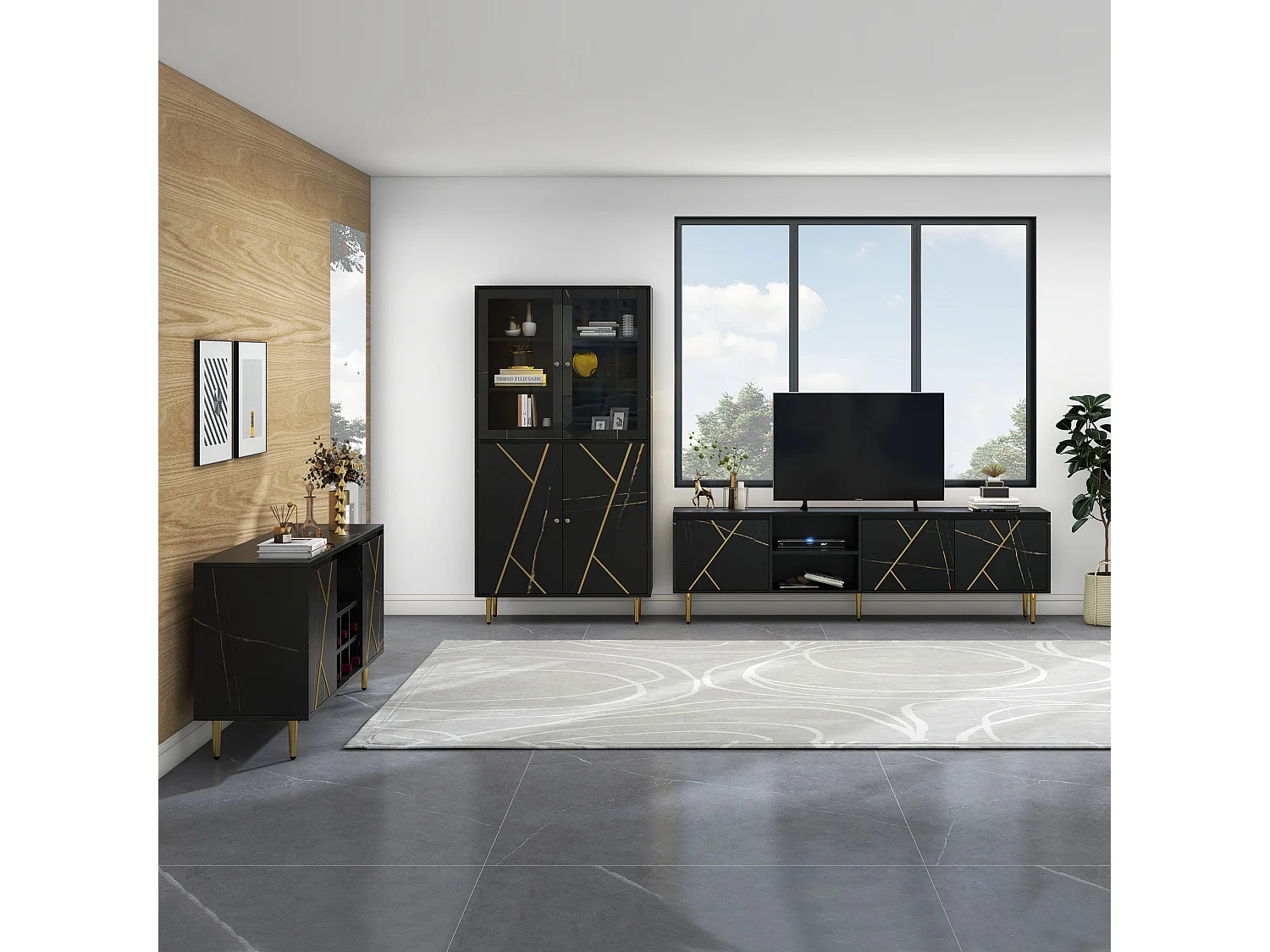 TV-Schrank 200 x 35 x 60 cm mit 3 Türen für 90-Zoll-Fernseher – Spanplatte – Schwarz und Gold