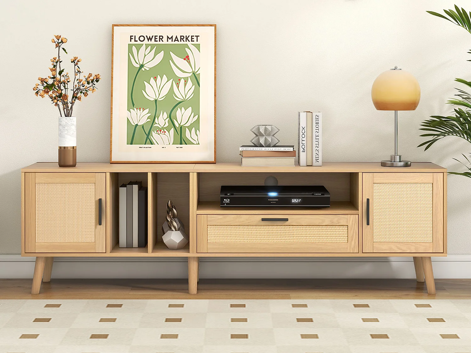 TV-meubel, 180 cm TV-meubel met 2 deuren en een lade, Voor TV's tot 80", Massief hout, Eiken