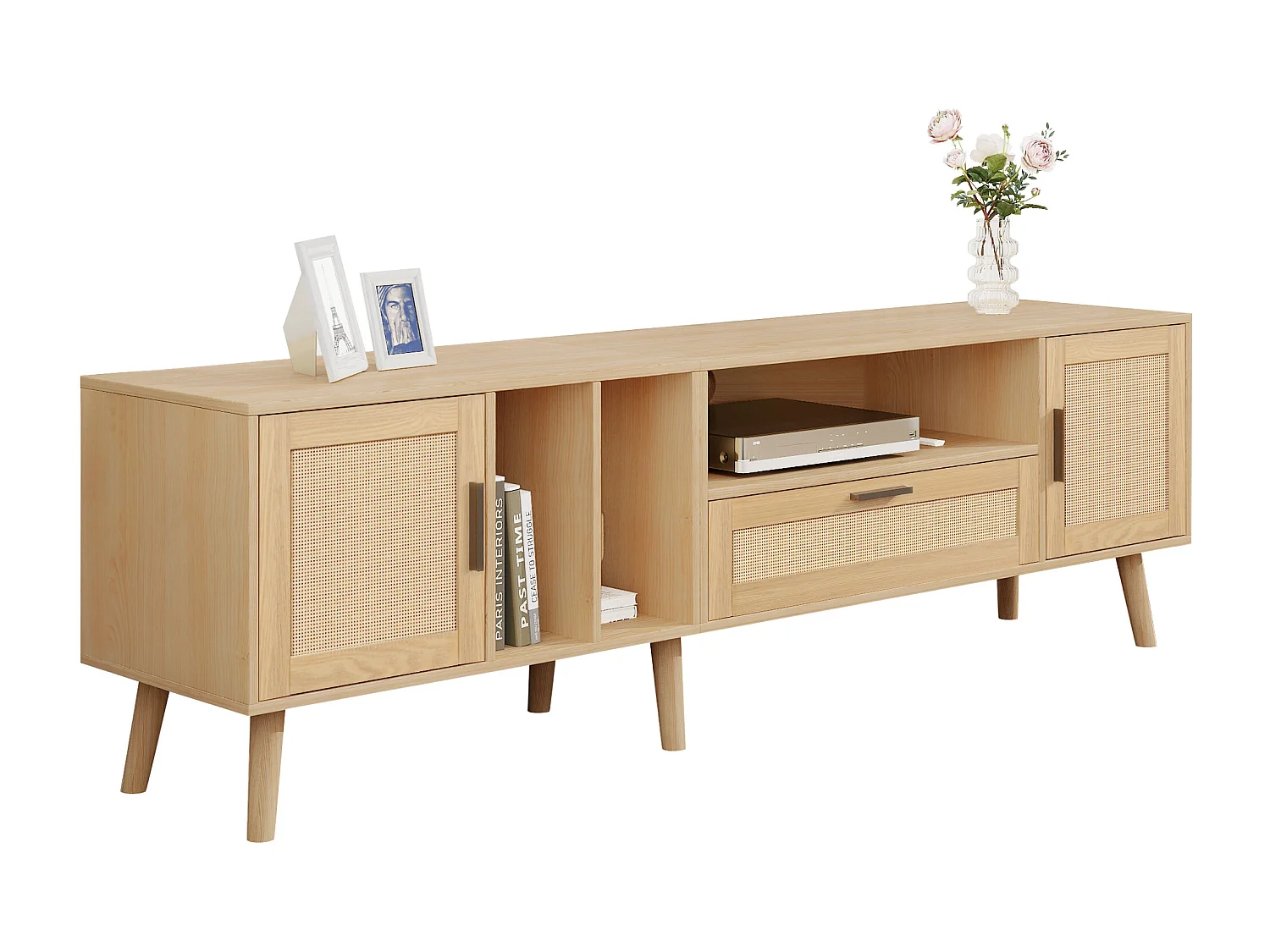 TV-meubel, 180 cm TV-meubel met 2 deuren en een lade, Voor TV's tot 80", Massief hout, Eiken