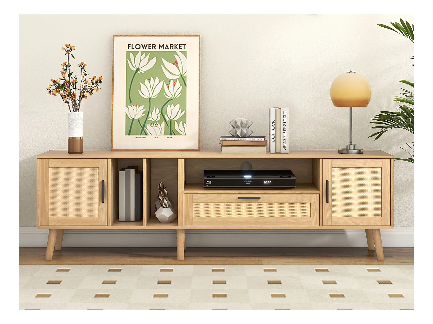 Mobile TV, Mobile TV da 180 cm con 2 ante e un cassetto, Per TV fino a 80", Legno massiccio, Rovere