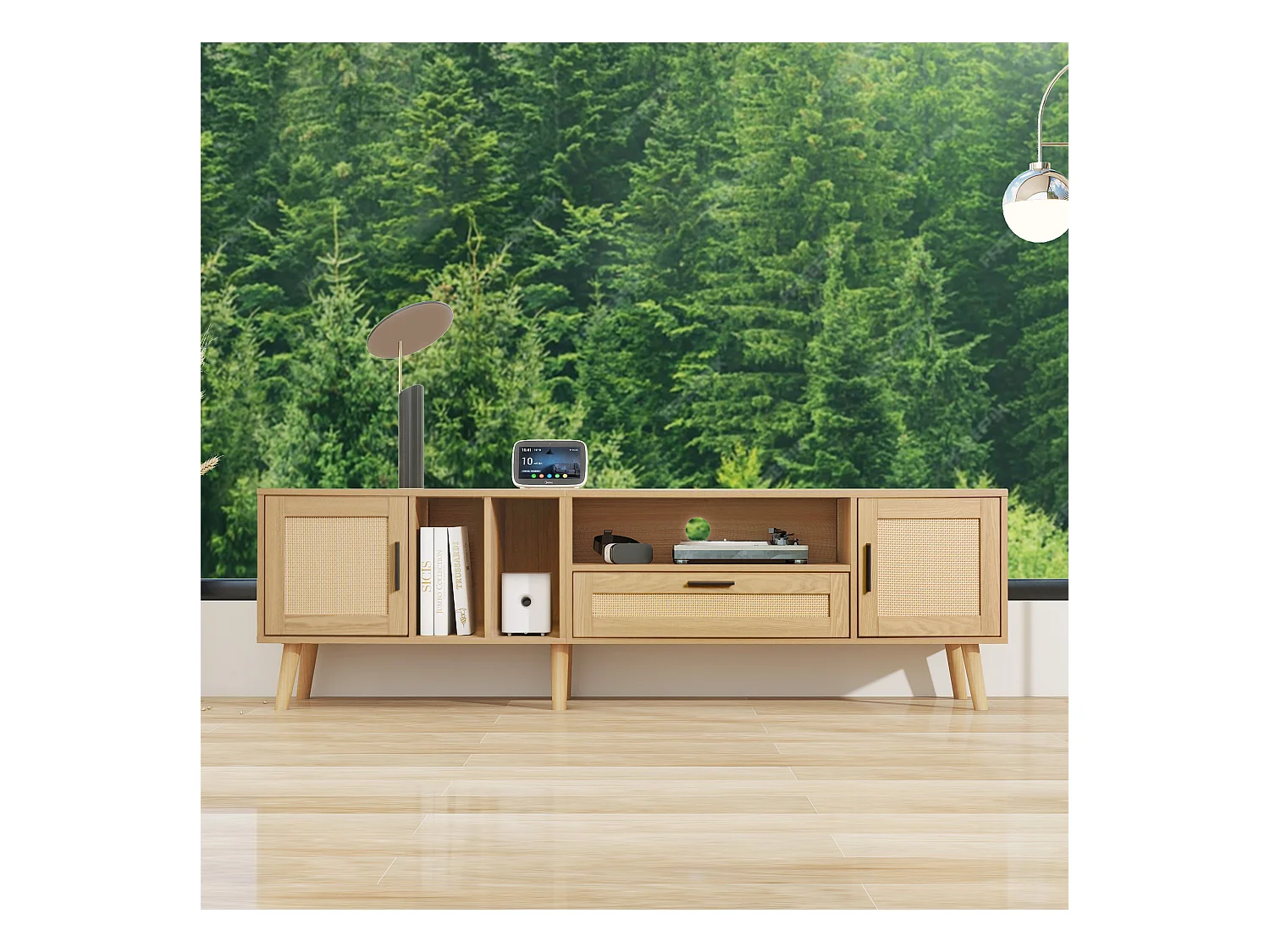 Meuble TV, Banc TV 180 cm avec 2 portes et un tiroir, Pour les TV jusqu'à 80", Bois massif, Chêne