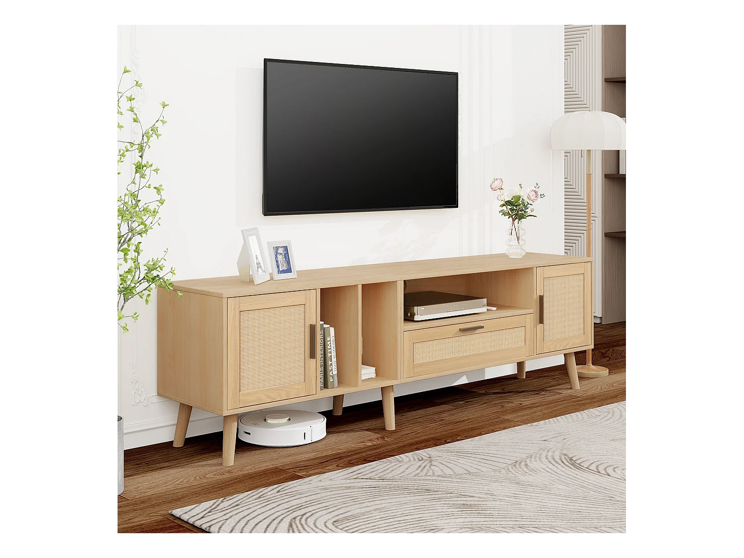 Meuble TV, Banc TV 180 cm avec 2 portes et un tiroir, Pour les TV jusqu'à 80", Bois massif, Chêne