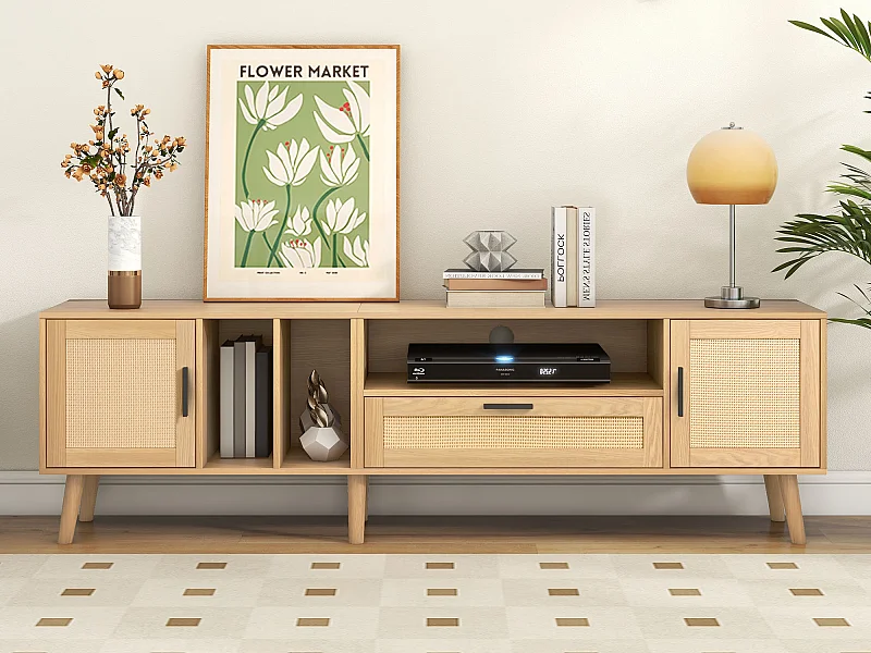 TV-meubel, 180 cm TV-meubel met 2 deuren en een lade, Voor TV's tot 80", Massief hout, Eiken