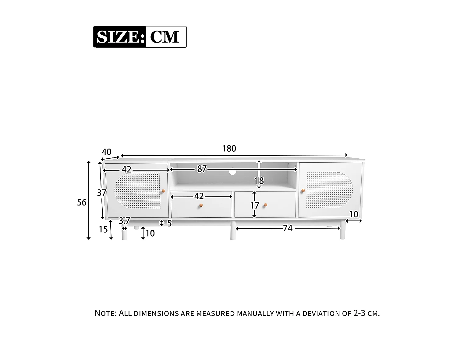Mueble para TV, Mueble para TV de 180 cm con 2 puertas y 2 cajones, Para televisores de hasta 80", Diseño de ratán, Blanco