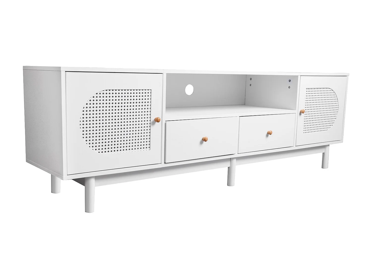 Mueble para TV, Mueble para TV de 180 cm con 2 puertas y 2 cajones, Para televisores de hasta 80", Diseño de ratán, Blanco