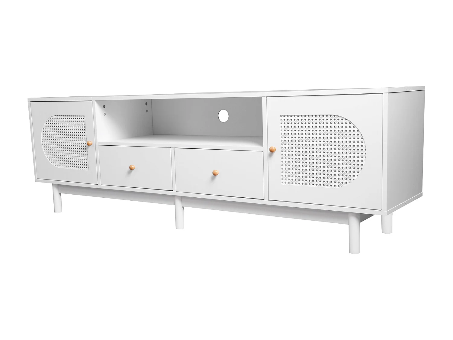 Mueble para TV, Mueble para TV de 180 cm con 2 puertas y 2 cajones, Para televisores de hasta 80", Diseño de ratán, Blanco