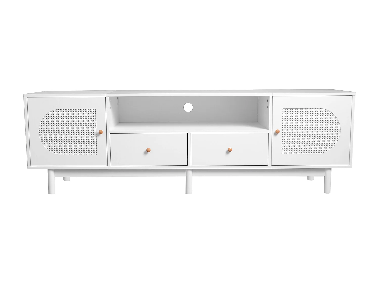 Mueble para TV, Mueble para TV de 180 cm con 2 puertas y 2 cajones, Para televisores de hasta 80", Diseño de ratán, Blanco