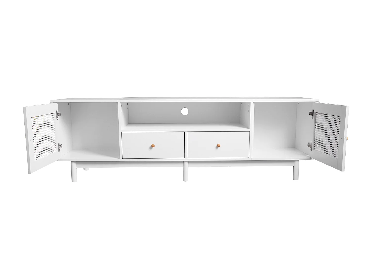Mueble para TV, Mueble para TV de 180 cm con 2 puertas y 2 cajones, Para televisores de hasta 80", Diseño de ratán, Blanco