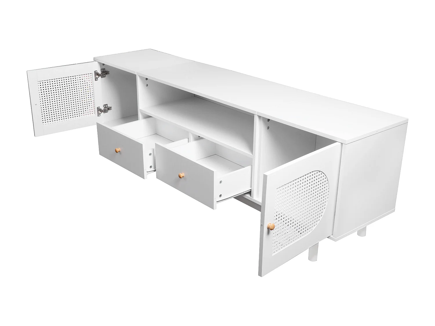 Mueble para TV, Mueble para TV de 180 cm con 2 puertas y 2 cajones, Para televisores de hasta 80", Diseño de ratán, Blanco
