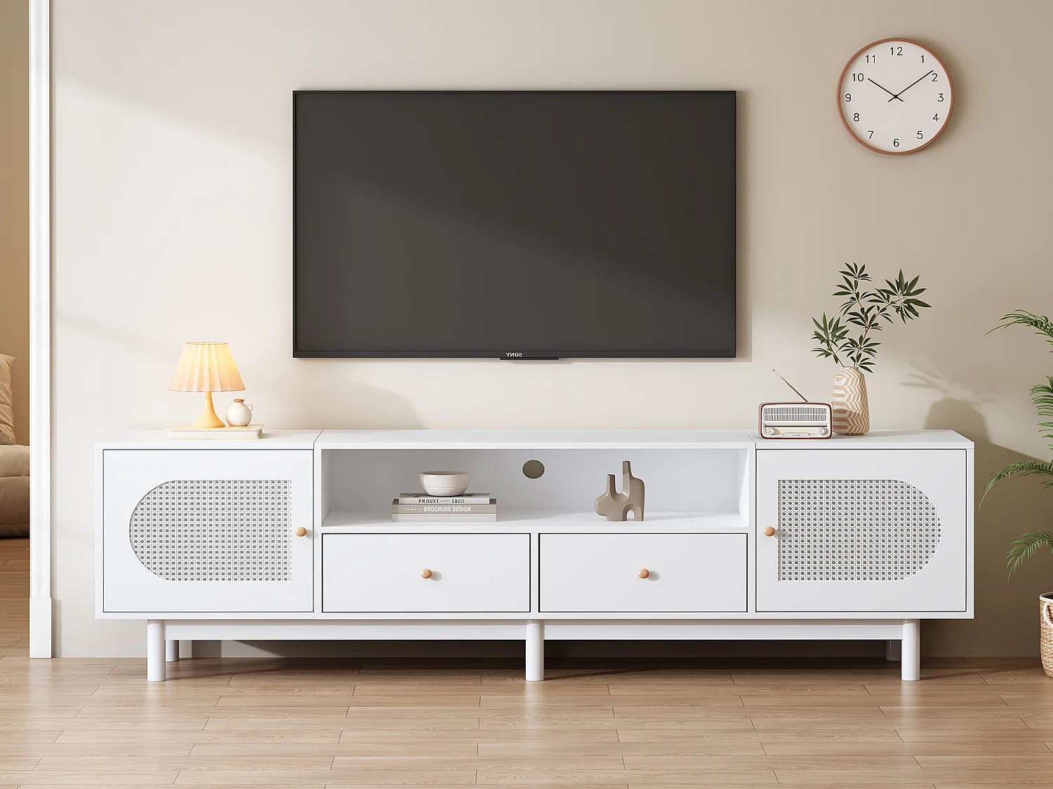 Mueble para TV, Mueble para TV de 180 cm con 2 puertas y 2 cajones, Para televisores de hasta 80", Diseño de ratán, Blanco