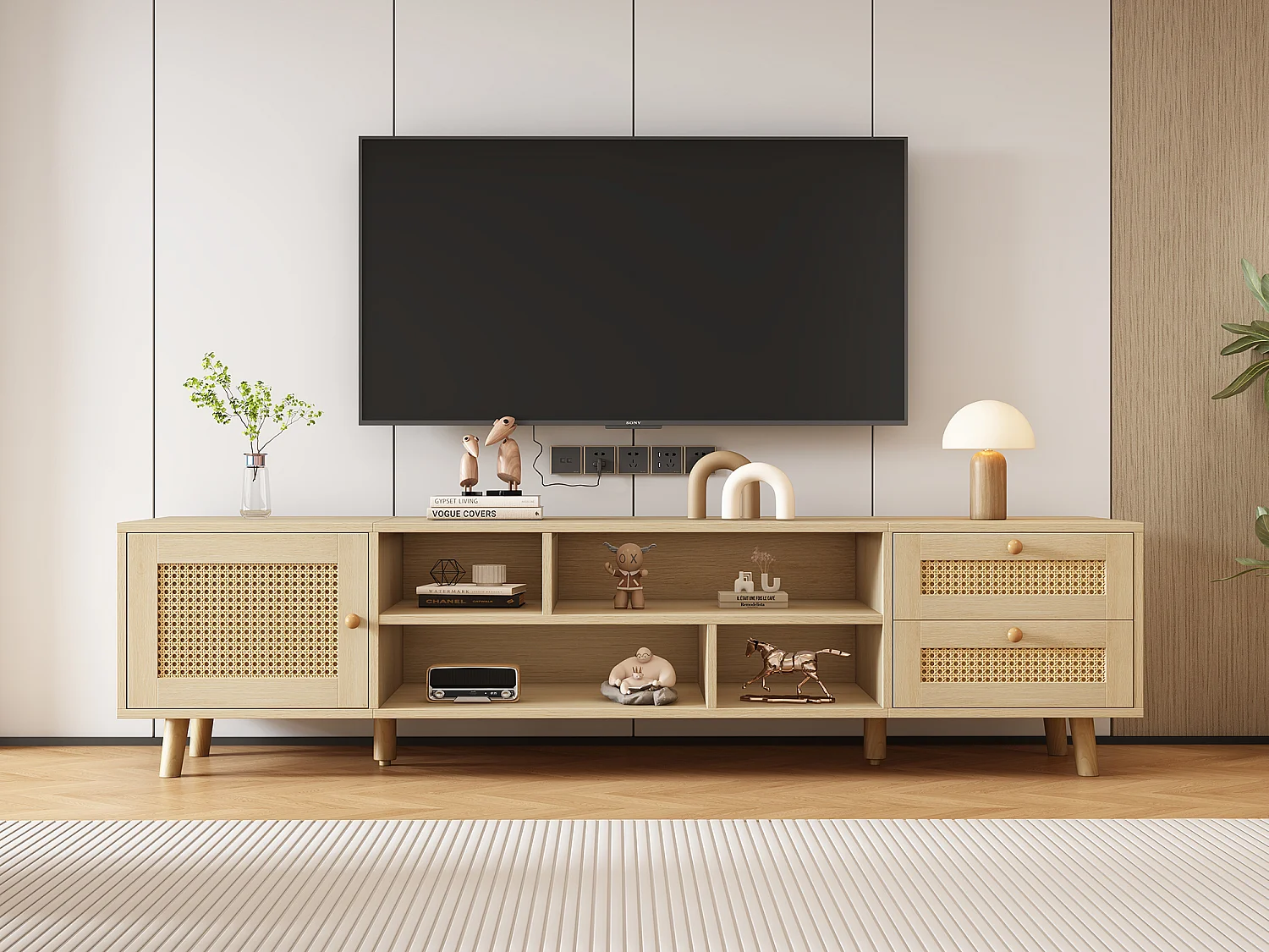 TV-meubel, 160 cm TV-meubel met 2 lades, 1 deur en 4 vakken, Voor TV's tot 70", Eiken
