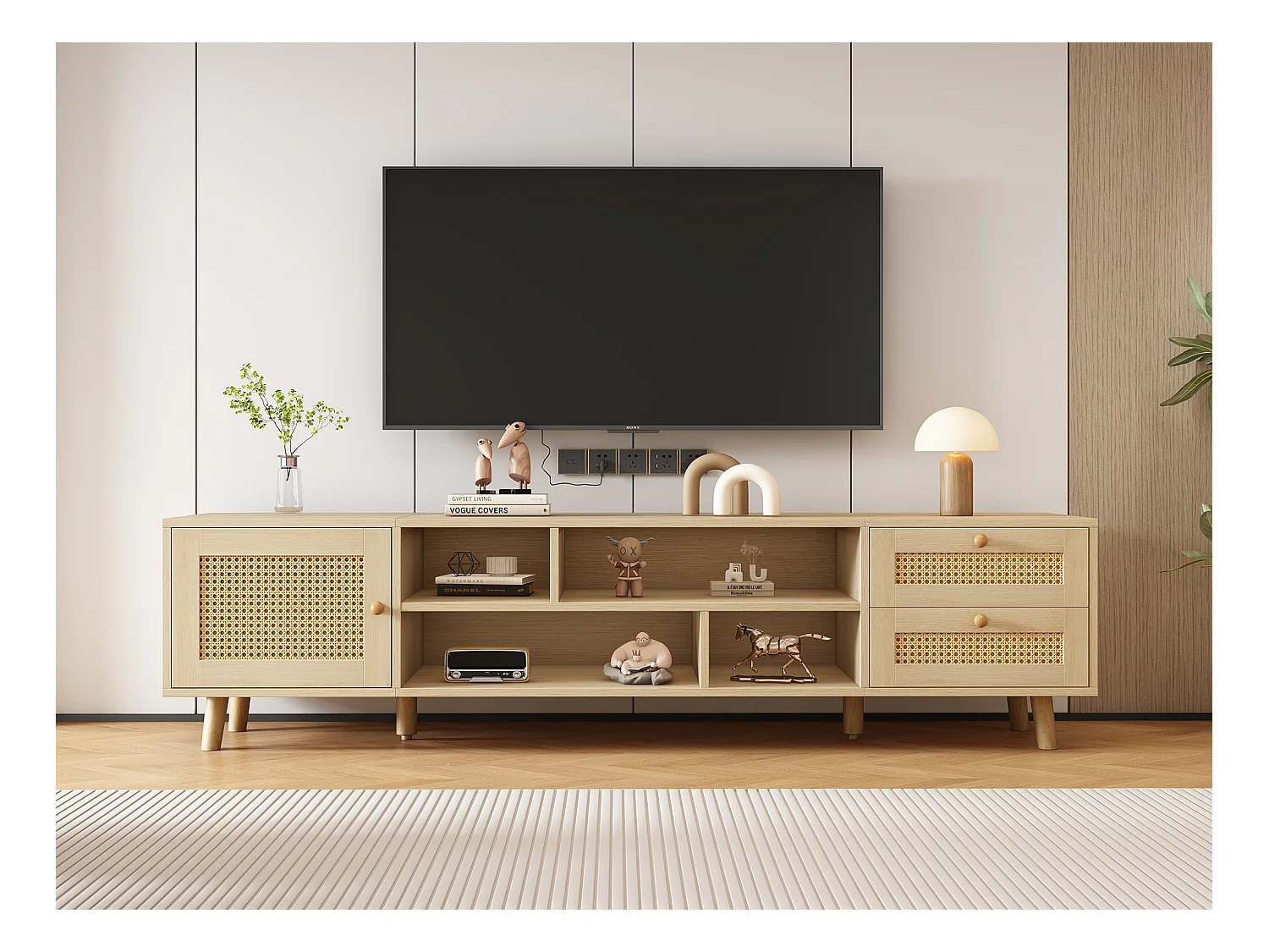 Meuble TV, Banc TV 160 cm avec 2 tiroirs, 1 porte & 4 compartiments, Pour les TV jusqu'à 70", Chêne
