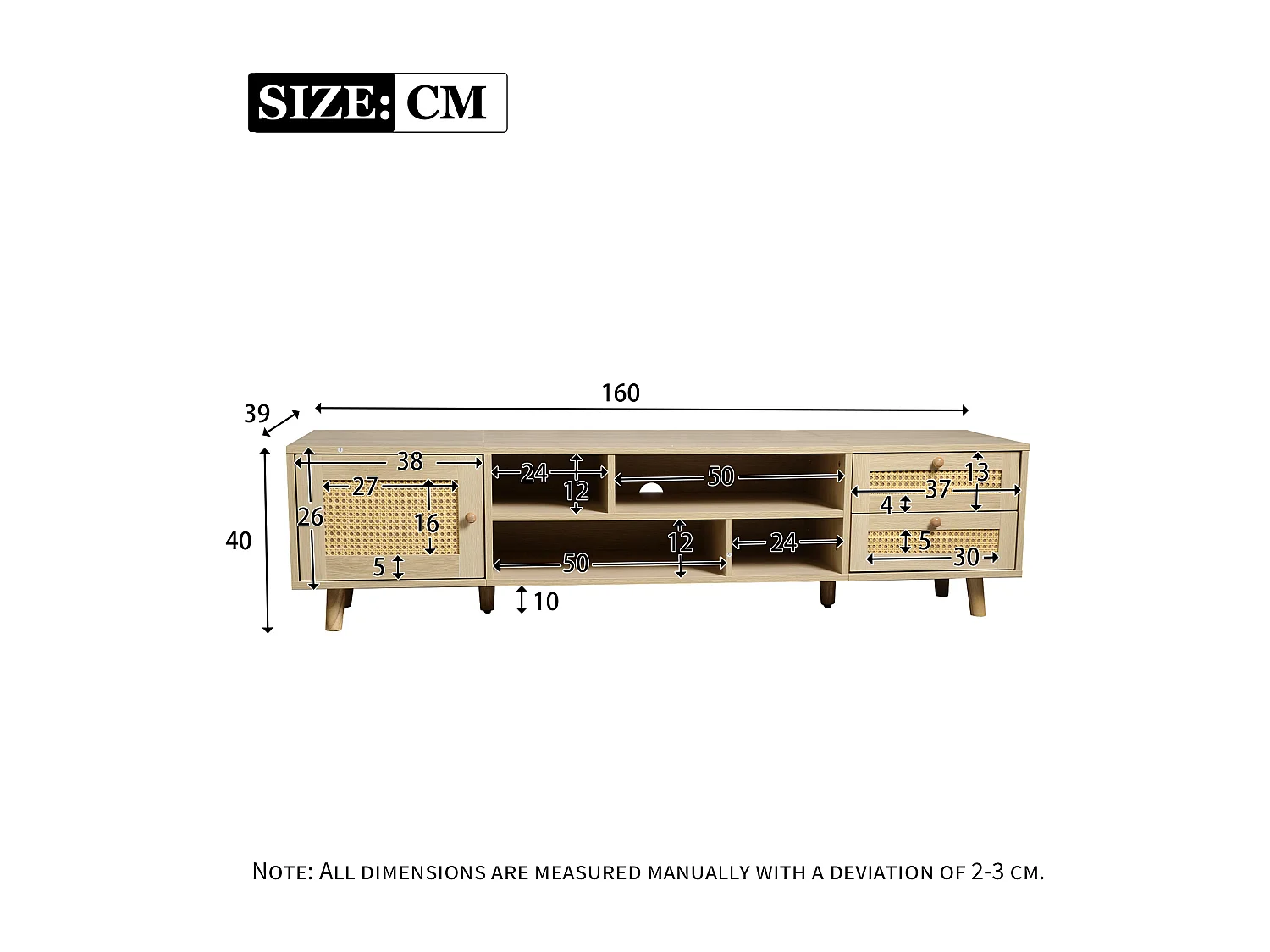 Meuble TV, Banc TV 160 cm avec 2 tiroirs, 1 porte & 4 compartiments, Pour les TV jusqu'à 70", Chêne