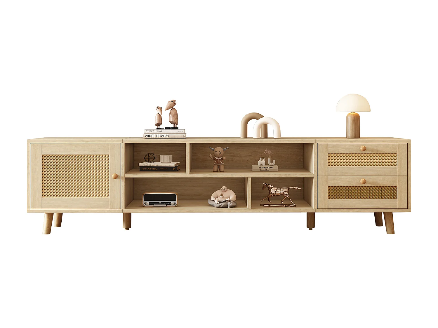 Meuble TV, Banc TV 160 cm avec 2 tiroirs, 1 porte & 4 compartiments, Pour les TV jusqu'à 70", Chêne