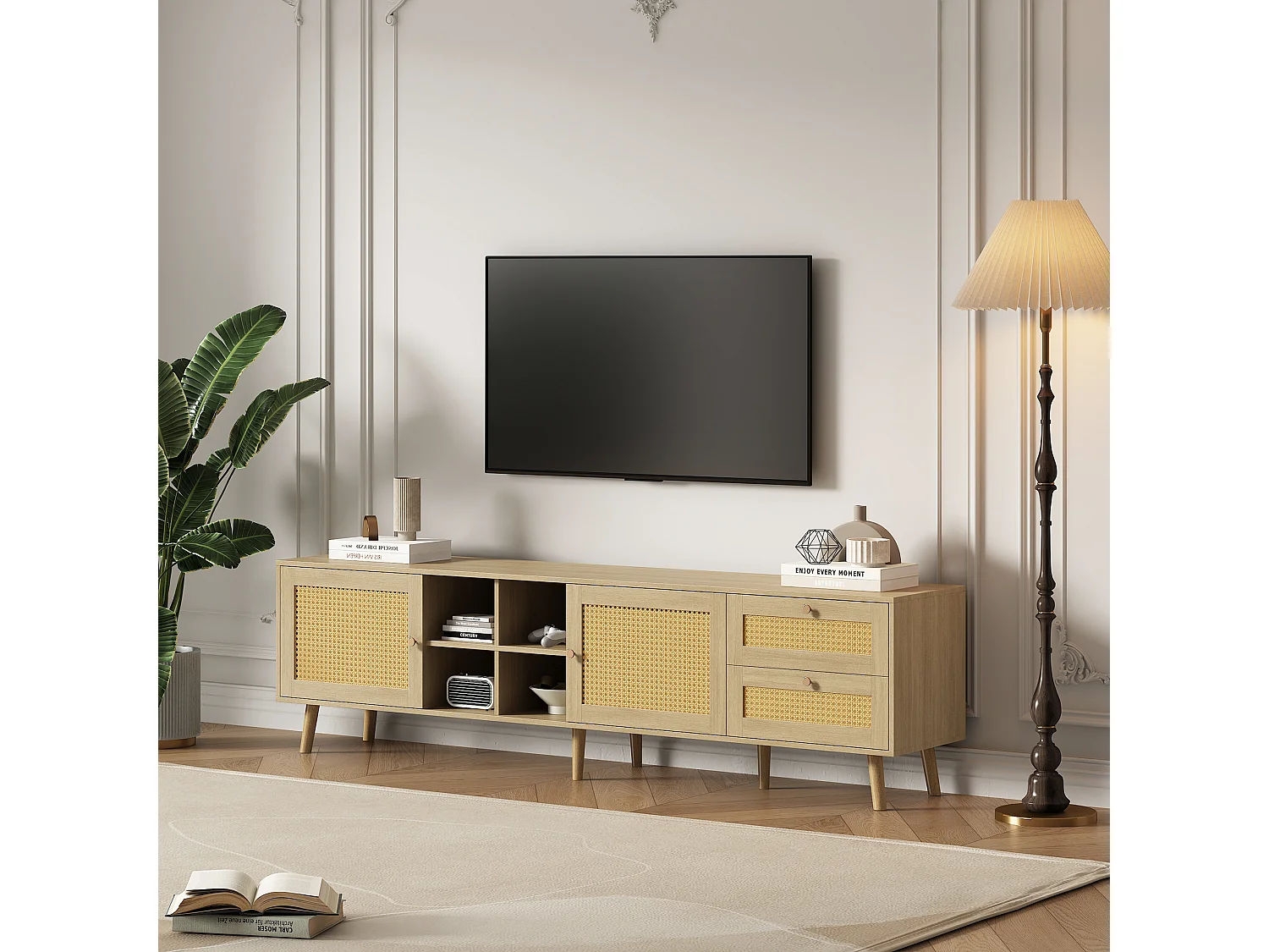 Meuble TV  180 x 40 x 55 cm avec 2 tiroirs 2 portes pour TV 80" - Motif en rotin - Panneaux de particules - Coloris naturel