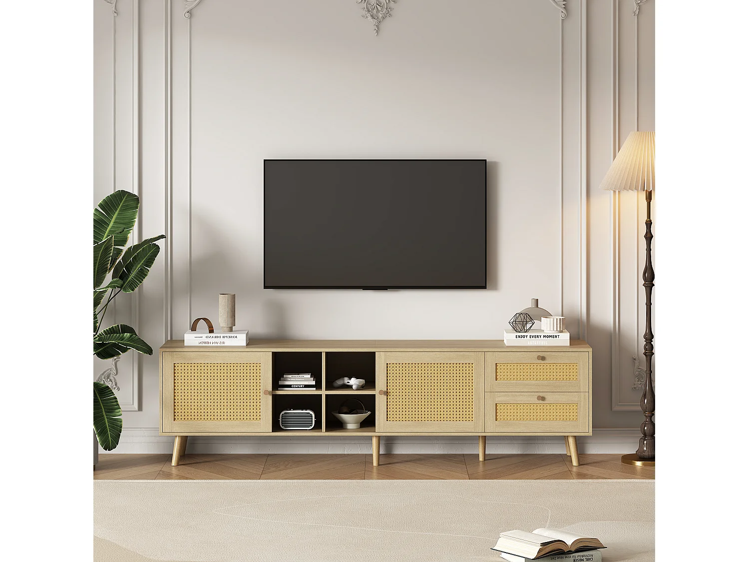 Meuble TV  180 x 40 x 55 cm avec 2 tiroirs 2 portes pour TV 80" - Motif en rotin - Panneaux de particules - Coloris naturel