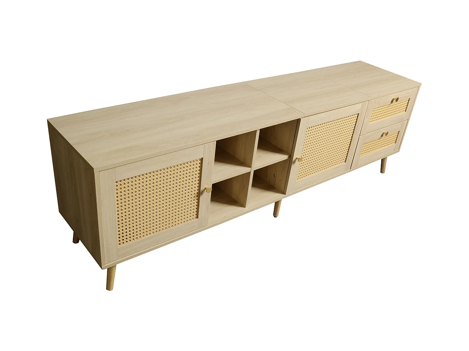Meuble TV  180 x 40 x 55 cm avec 2 tiroirs 2 portes pour TV 80" - Motif en rotin - Panneaux de particules - Coloris naturel