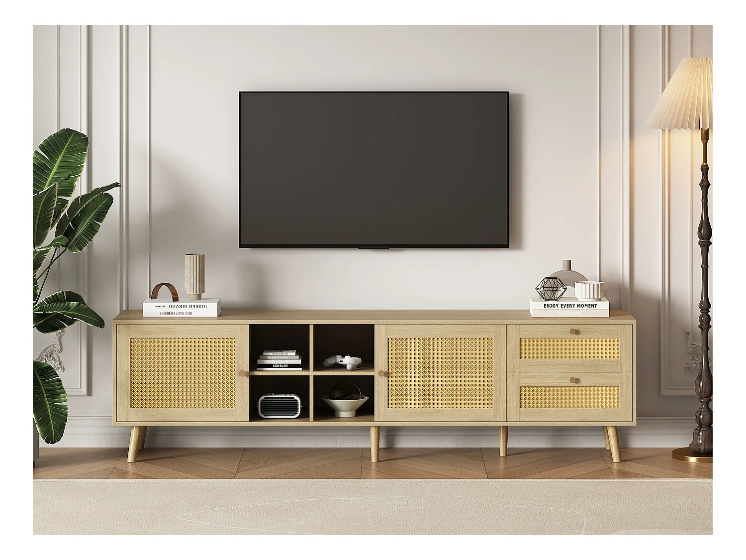 Meuble TV  180 x 40 x 55 cm avec 2 tiroirs 2 portes pour TV 80" - Motif en rotin - Panneaux de particules - Coloris naturel