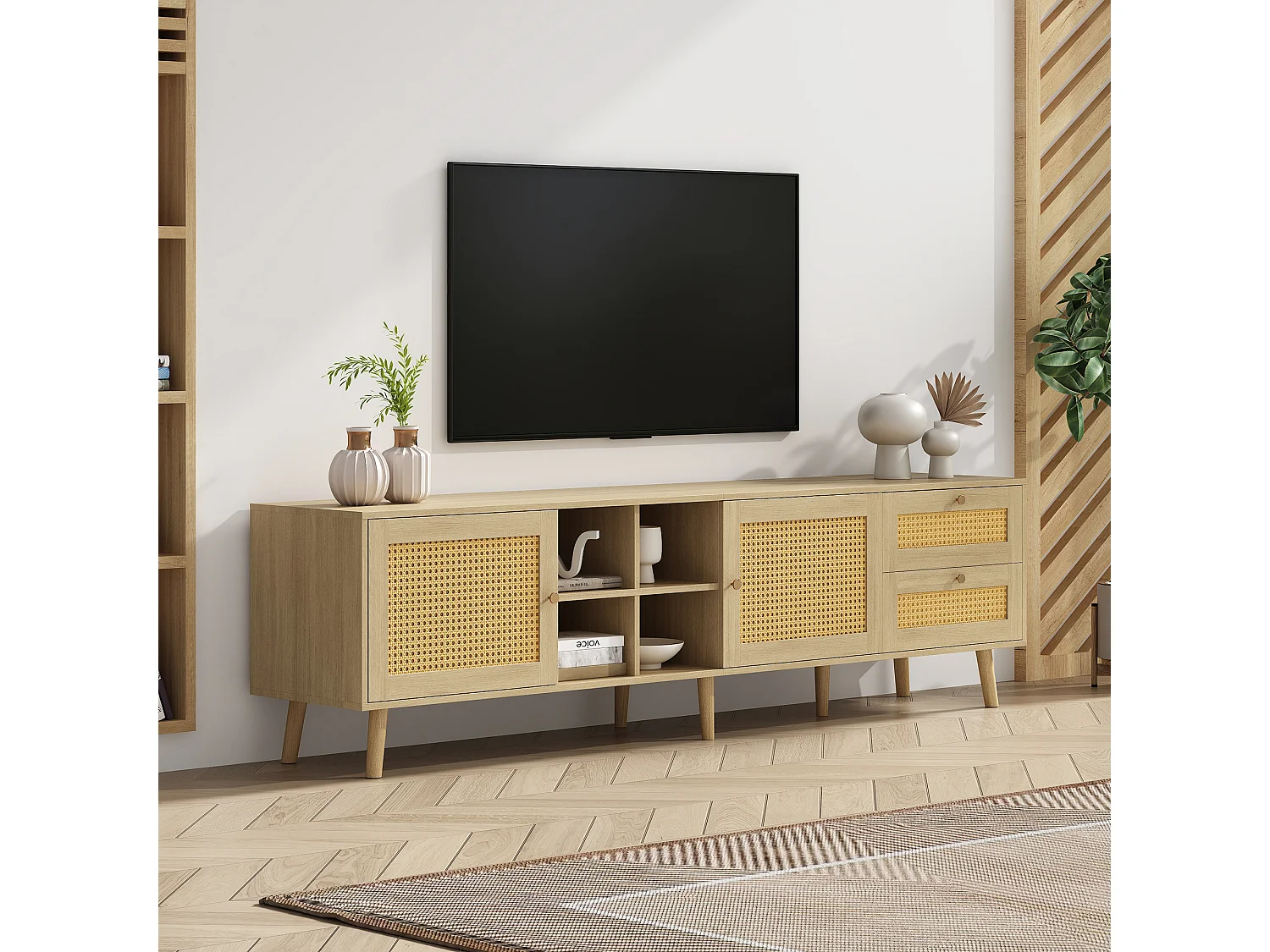 TV-meubel 180 x 40 x 55 cm met 2 laden 2 deuren voor 80" TV - Rotan patroon - Spaanplaten - Natuurlijke kleur