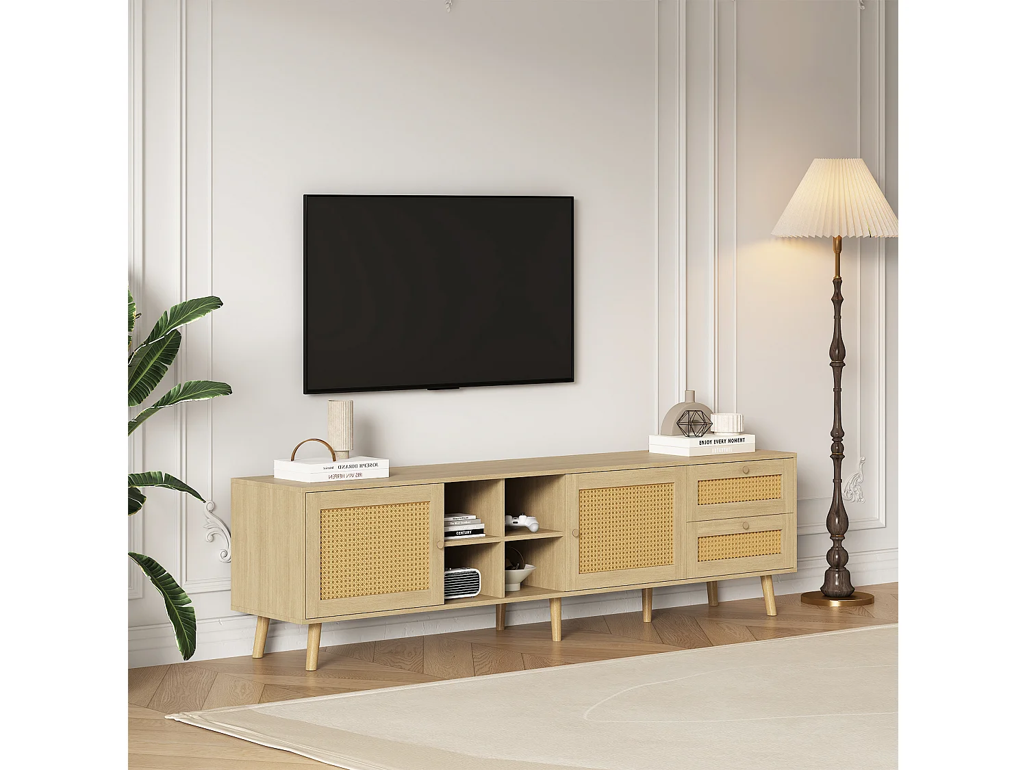 TV-meubel 180 x 40 x 55 cm met 2 laden 2 deuren voor 80" TV - Rotan patroon - Spaanplaten - Natuurlijke kleur