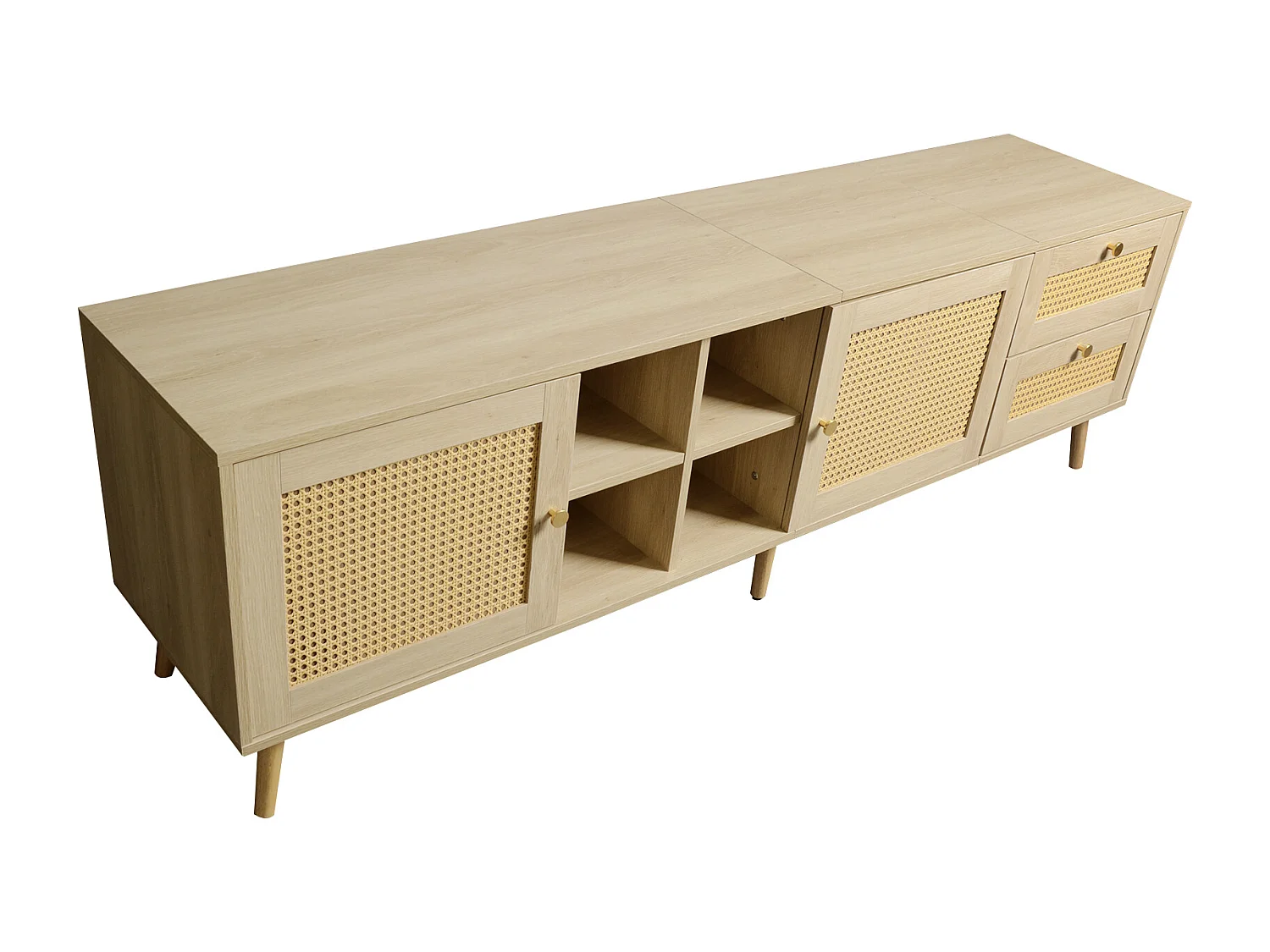 TV-meubel 180 x 40 x 55 cm met 2 laden 2 deuren voor 80" TV - Rotan patroon - Spaanplaten - Natuurlijke kleur