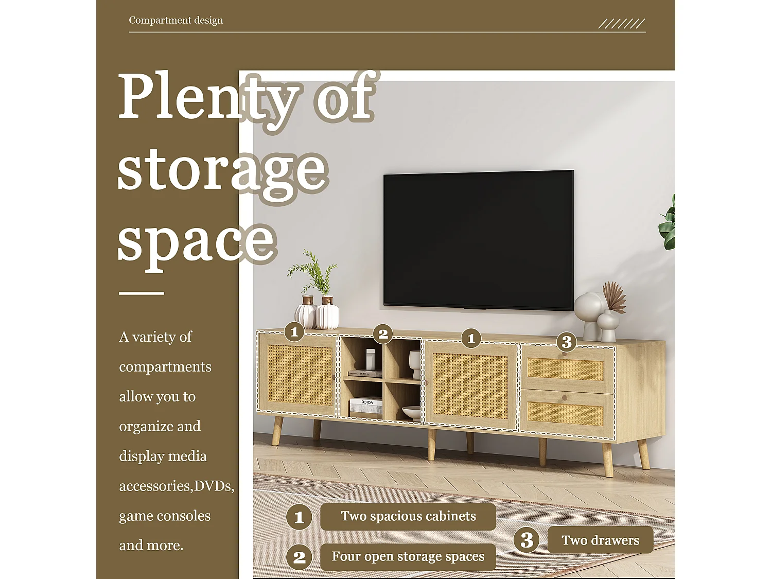 TV-meubel 180 x 40 x 55 cm met 2 laden 2 deuren voor 80" TV - Rotan patroon - Spaanplaten - Natuurlijke kleur