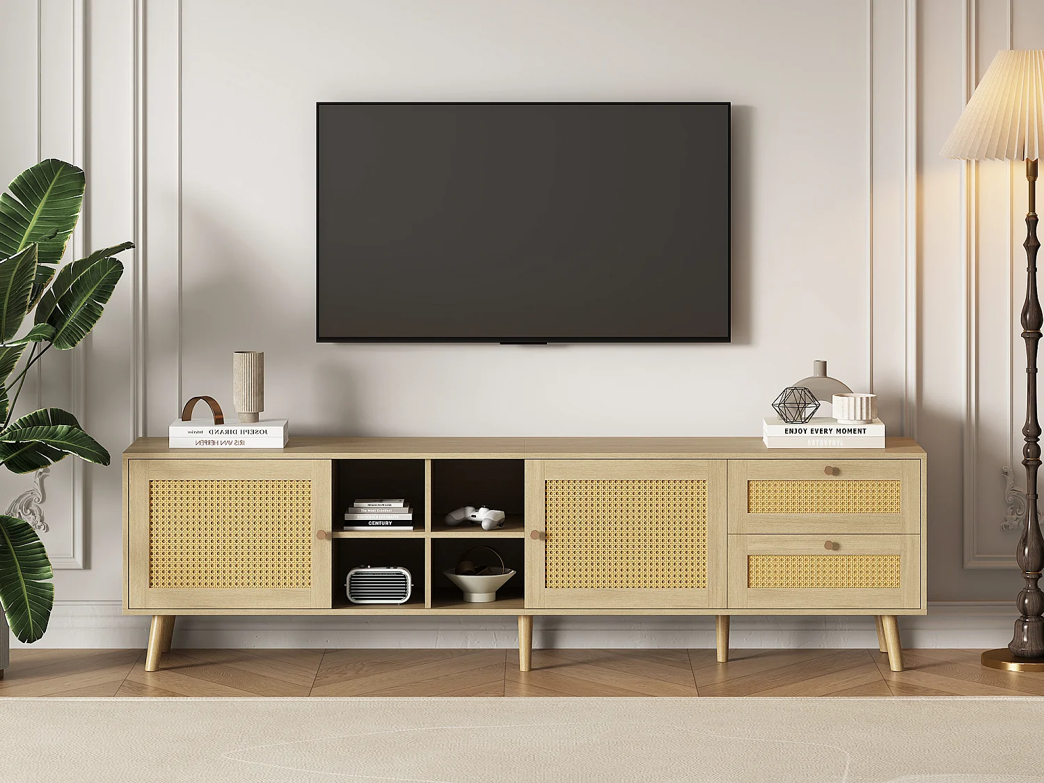 Meuble TV  180 x 40 x 55 cm avec 2 tiroirs 2 portes pour TV 80" - Motif en rotin - Panneaux de particules - Coloris naturel