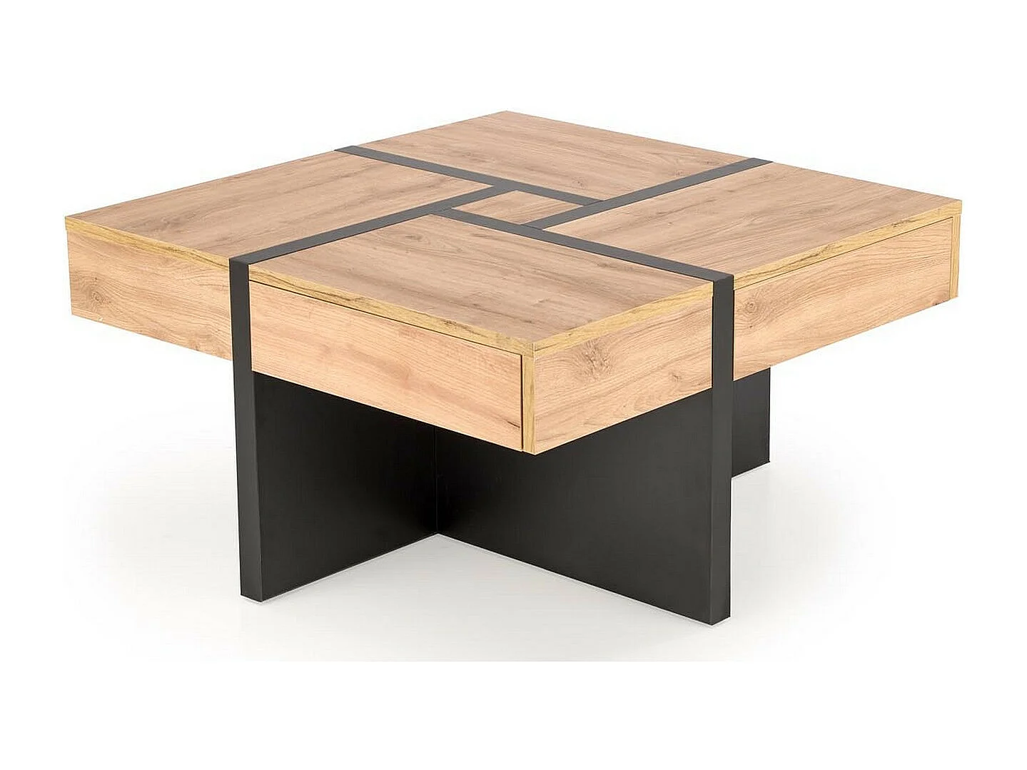 Table basse design noir mat et aspect chêne avec 4 tiroirs Flax