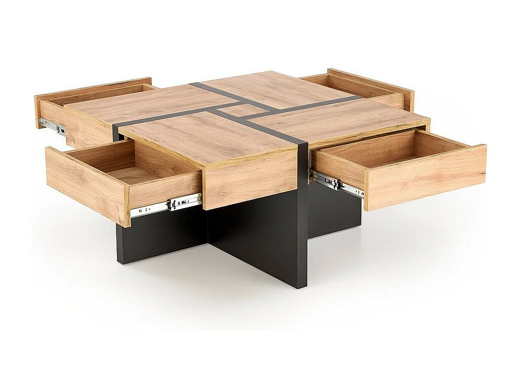 Table basse design noir mat et aspect chêne avec 4 tiroirs Flax