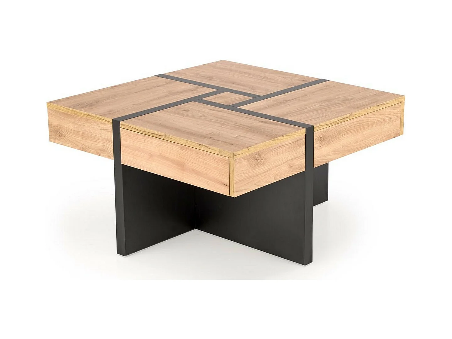 Table basse design noir mat et aspect chêne avec 4 tiroirs Flax