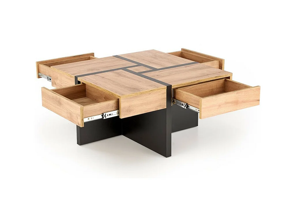 Mesa de centro de diseño en negro mate y aspecto roble con 4 cajones Flax