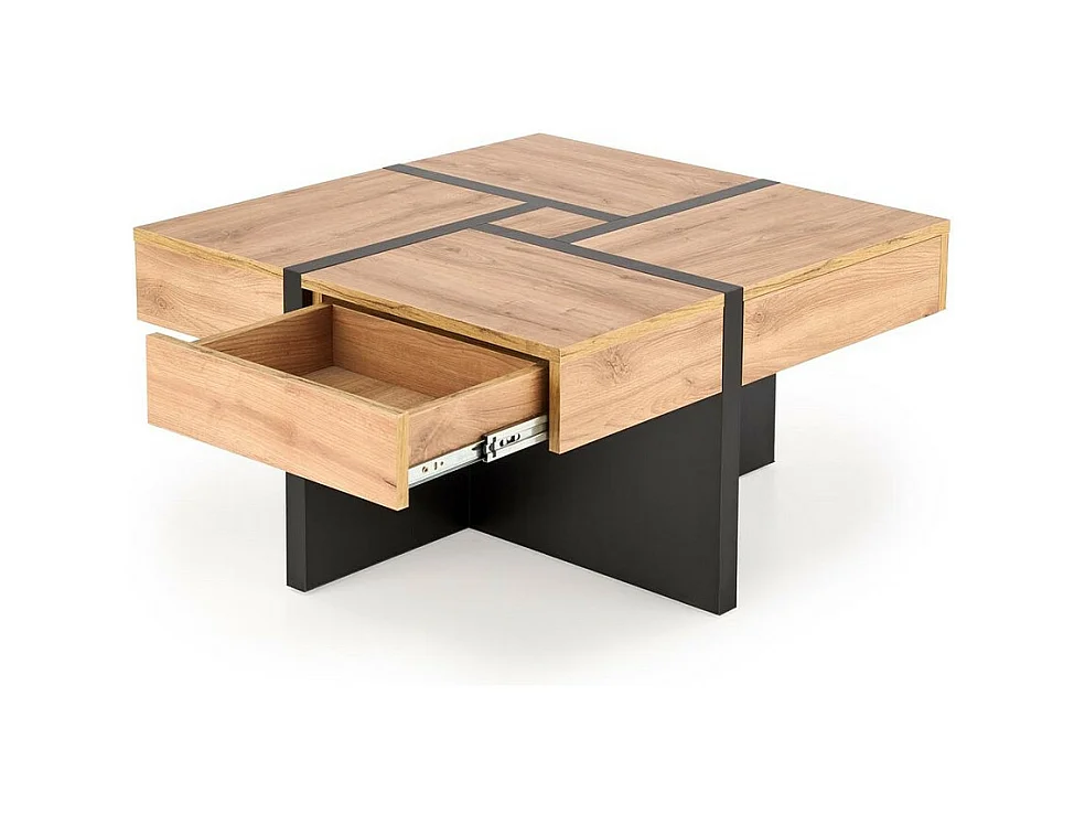 Mesa de centro de diseño en negro mate y aspecto roble con 4 cajones Flax