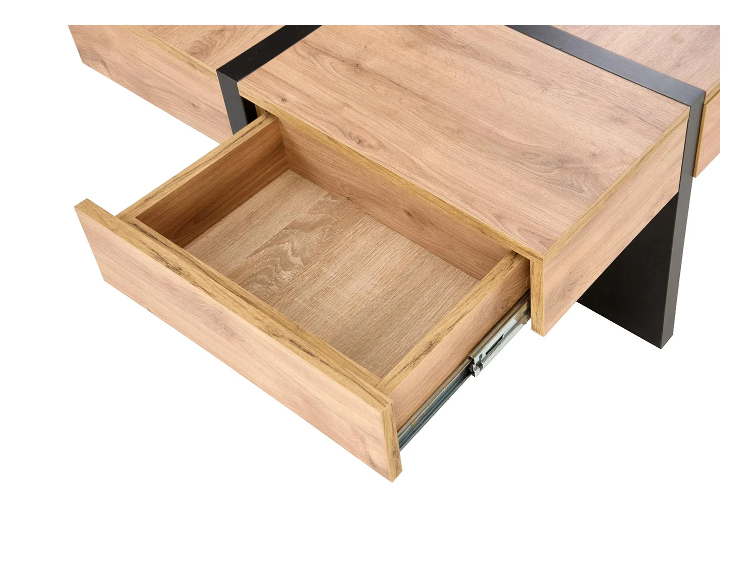 Mesa de centro de diseño en negro mate y aspecto roble con 4 cajones Flax