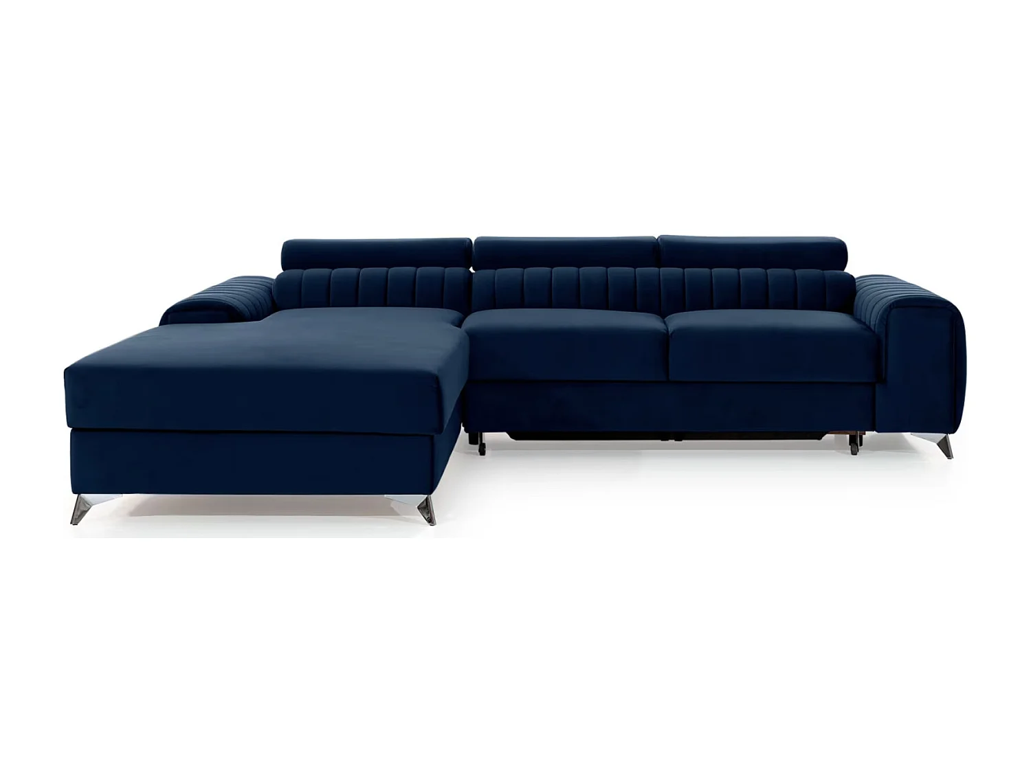 Canapé d'angle convertible velours appuis-tête réglables GRENKY - Coffre et pieds acier chromé-Bleu marine-angle gauche