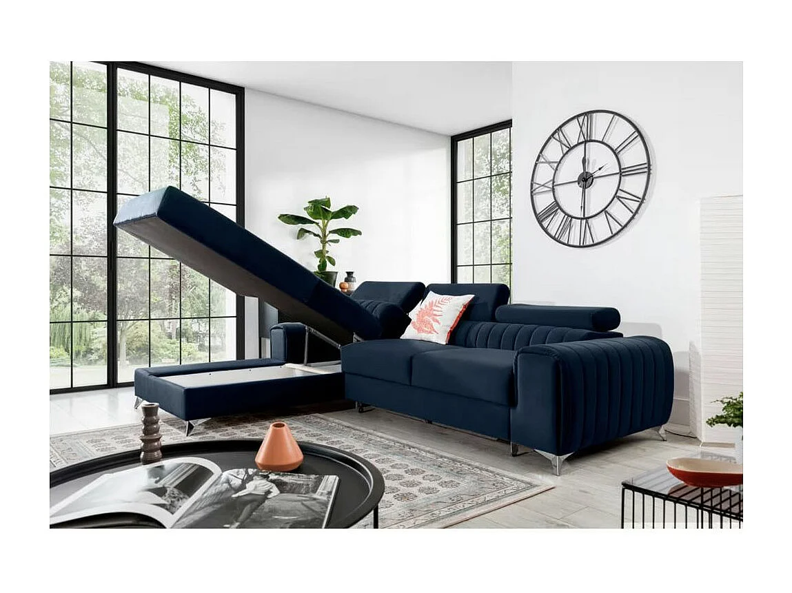 Canapé d'angle convertible velours appuis-tête réglables GRENKY - Coffre et pieds acier chromé-Bleu marine-angle gauche