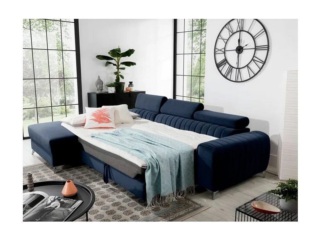 Canapé d'angle convertible velours appuis-tête réglables GRENKY - Coffre et pieds acier chromé-Bleu marine-angle gauche