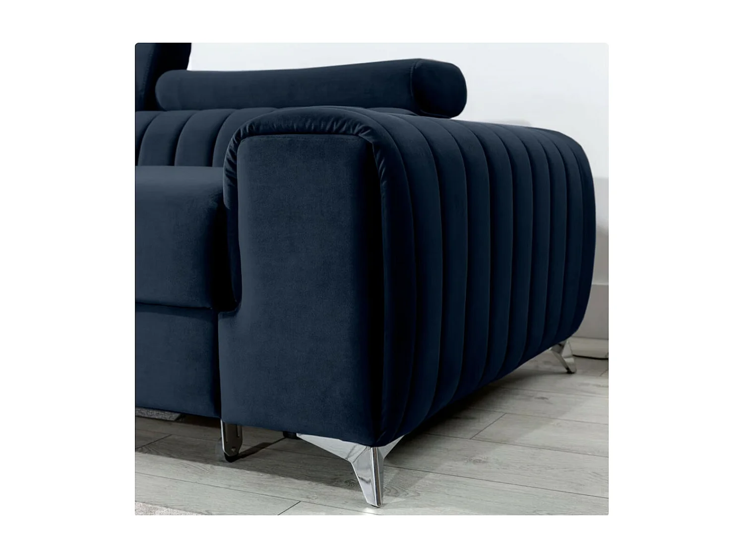 Canapé d'angle convertible velours appuis-tête réglables GRENKY - Coffre et pieds acier chromé-Bleu marine-angle gauche