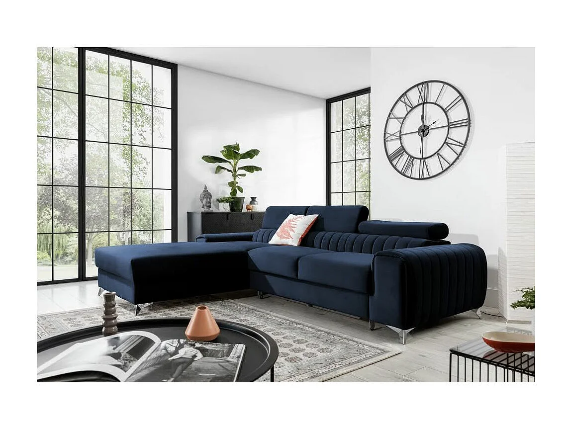 Canapé d'angle convertible velours appuis-tête réglables GRENKY - Coffre et pieds acier chromé-Bleu marine-angle gauche