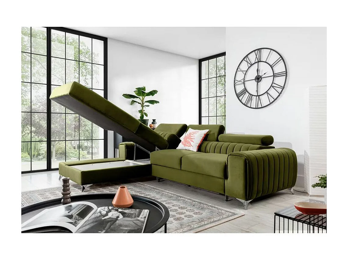 Canapé d'angle convertible velours appuis-tête réglables GRENKY - Coffre et pieds acier chromé-Bleu marine-angle gauche