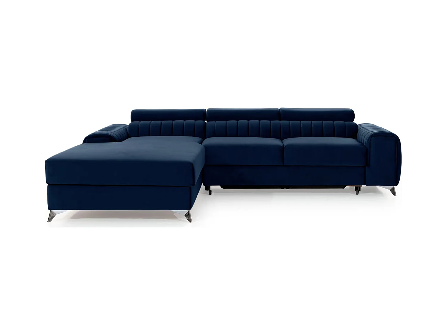 Canapé d'angle convertible velours appuis-tête réglables GRENKY - Coffre et pieds acier chromé-Bleu marine-angle gauche
