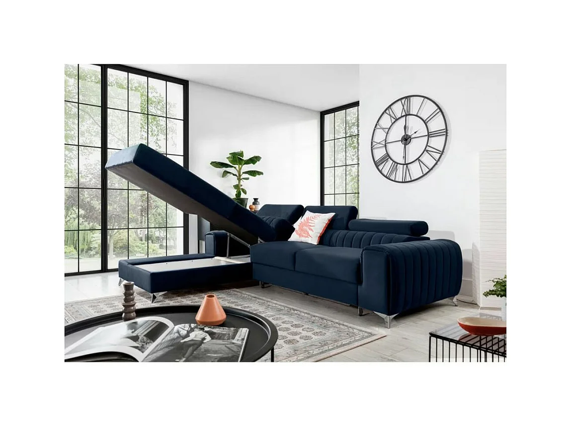 Canapé d'angle convertible velours appuis-tête réglables GRENKY - Coffre et pieds acier chromé-Bleu marine-angle gauche