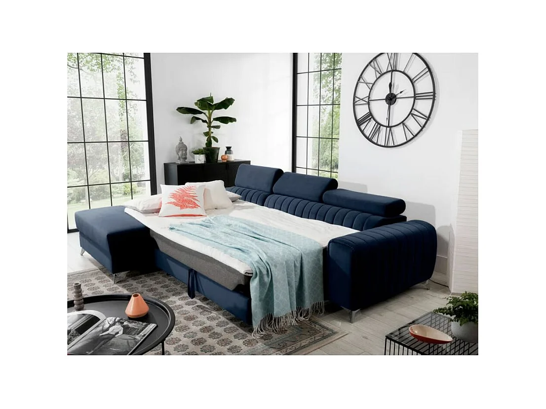 Canapé d'angle convertible velours appuis-tête réglables GRENKY - Coffre et pieds acier chromé-Bleu marine-angle gauche