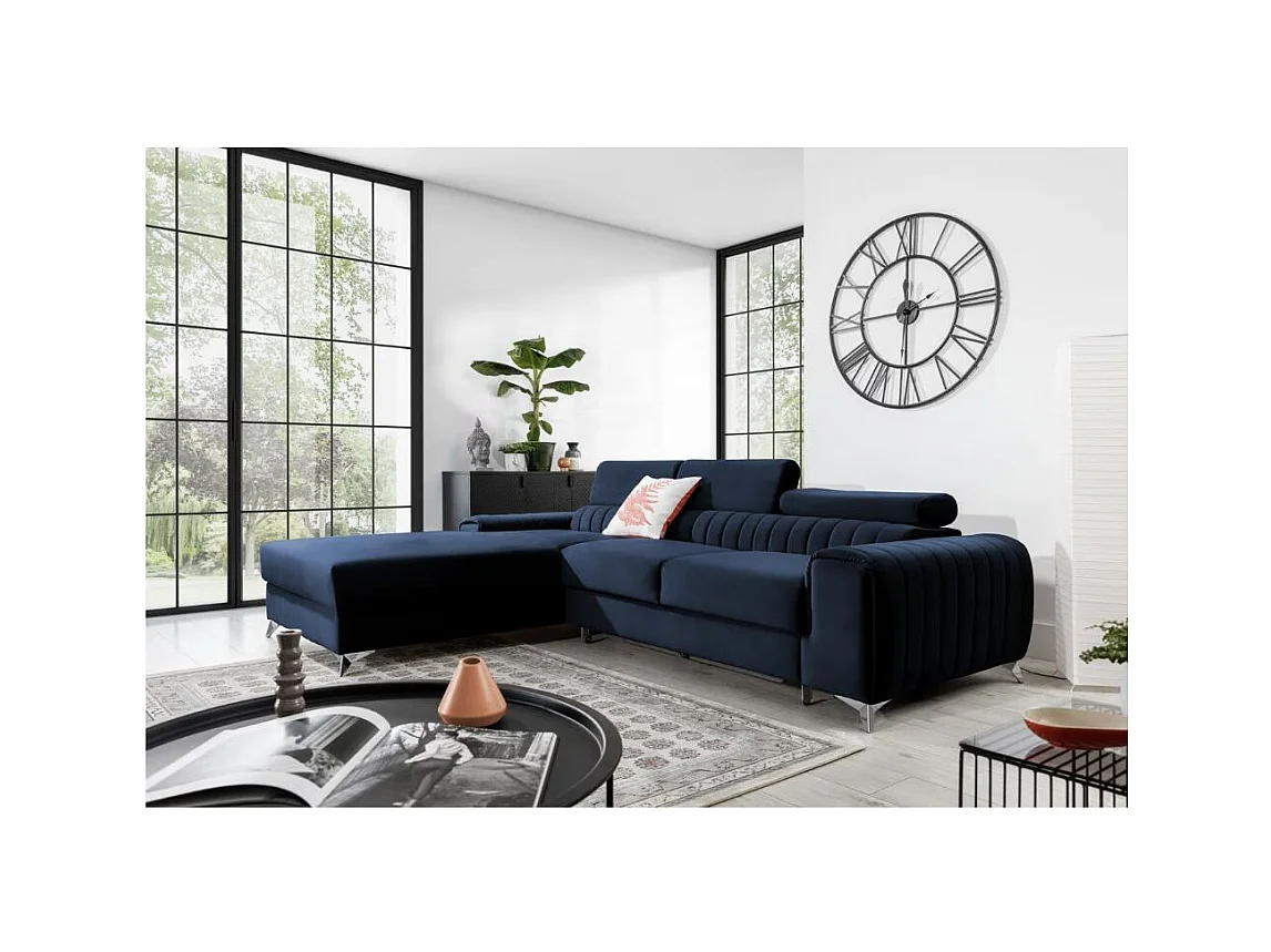 Canapé d'angle convertible velours appuis-tête réglables GRENKY - Coffre et pieds acier chromé-Bleu marine-angle gauche