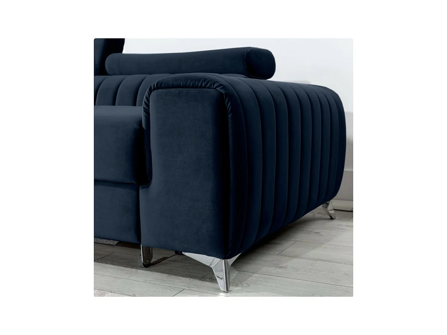 Canapé d'angle convertible velours appuis-tête réglables GRENKY - Coffre et pieds acier chromé-Bleu marine-angle gauche