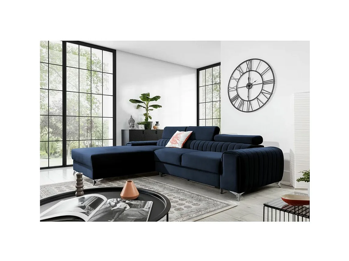 Canapé d'angle convertible velours appuis-tête réglables GRENKY - Coffre et pieds acier chromé-Bleu marine-angle gauche