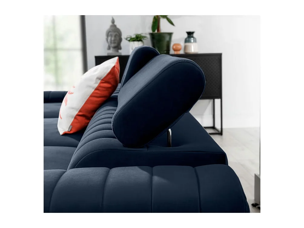 Canapé d'angle convertible velours appuis-tête réglables GRENKY - Coffre et pieds acier chromé-Bleu marine-angle gauche