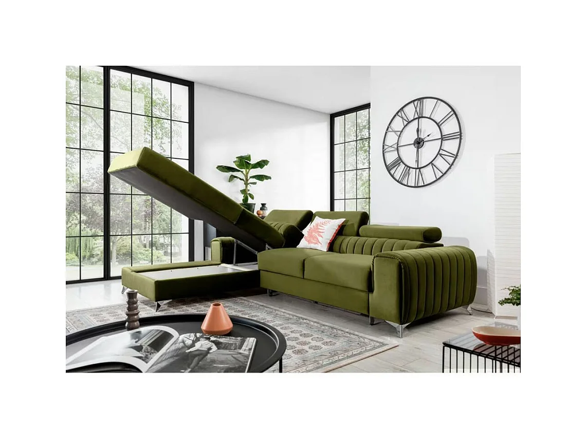 Canapé d'angle convertible velours appuis-tête réglables GRENKY - Coffre et pieds acier chromé-Bleu marine-angle gauche